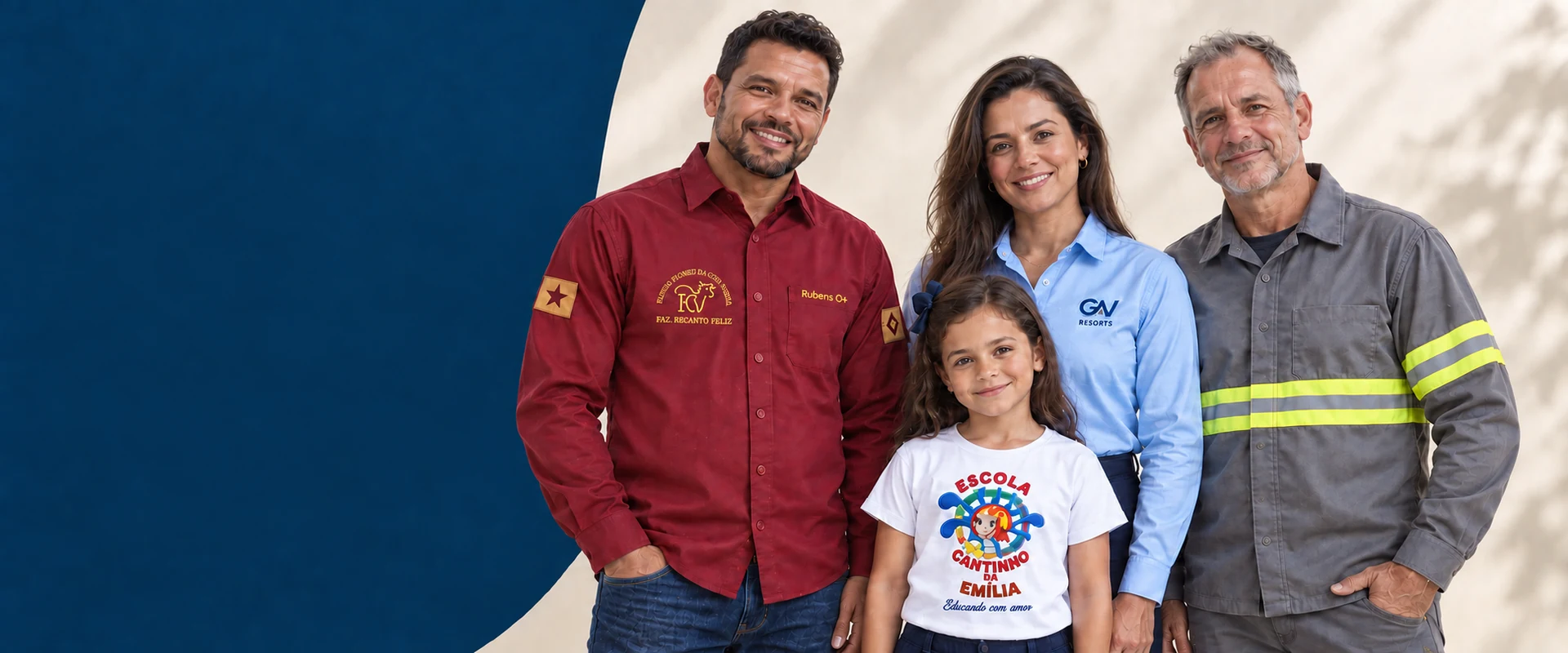 Equipe com uniformes de comitiva, empresa, escola e indústria
