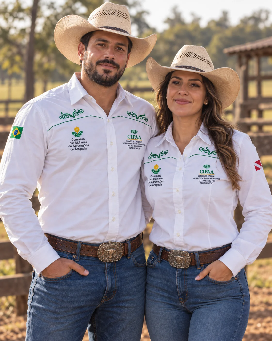 Homem e mulher vestindo camisas de comitiva com bordados personalizados